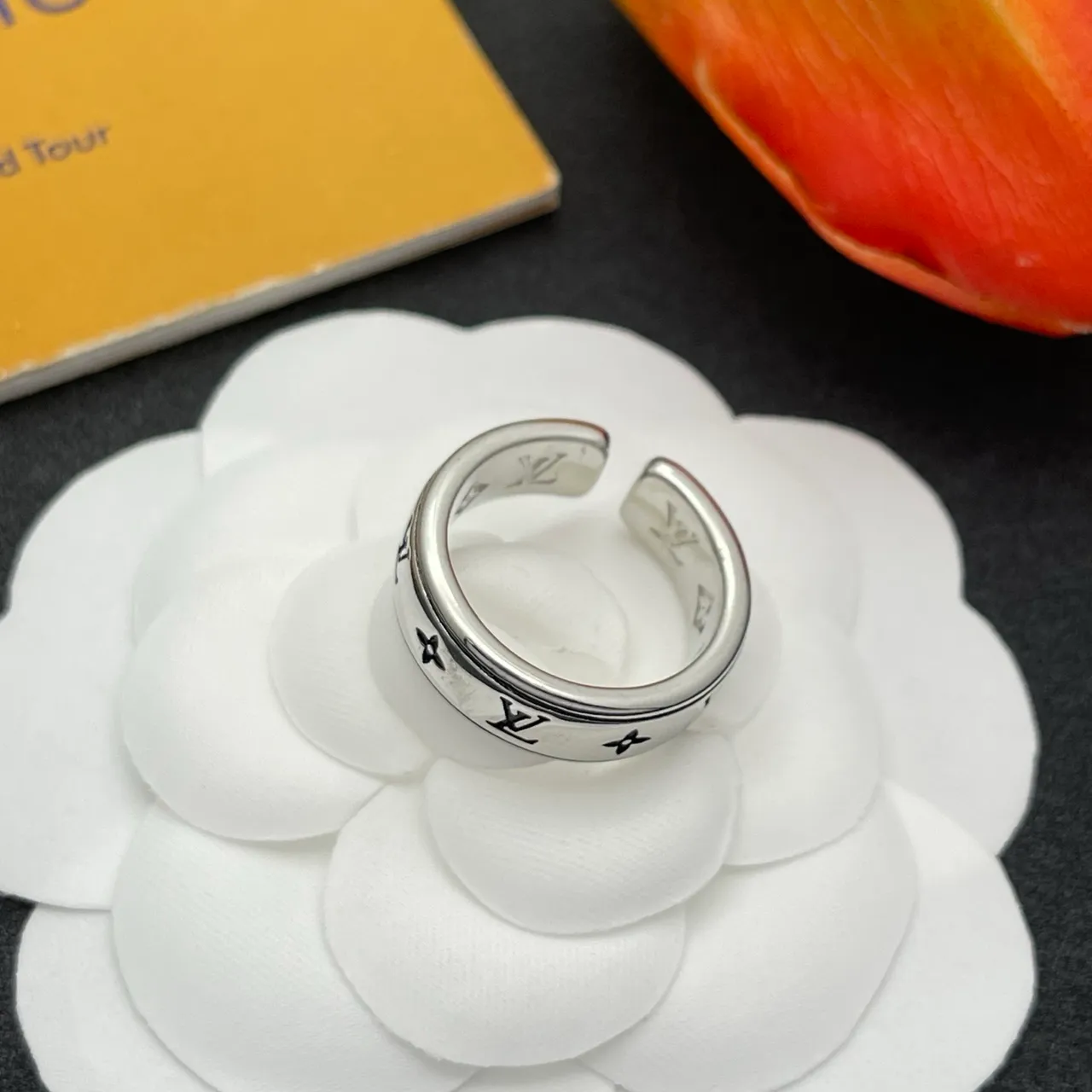 Louis Vuitton Monogram Ring Silver Black Wide Band Engraved Ring 5