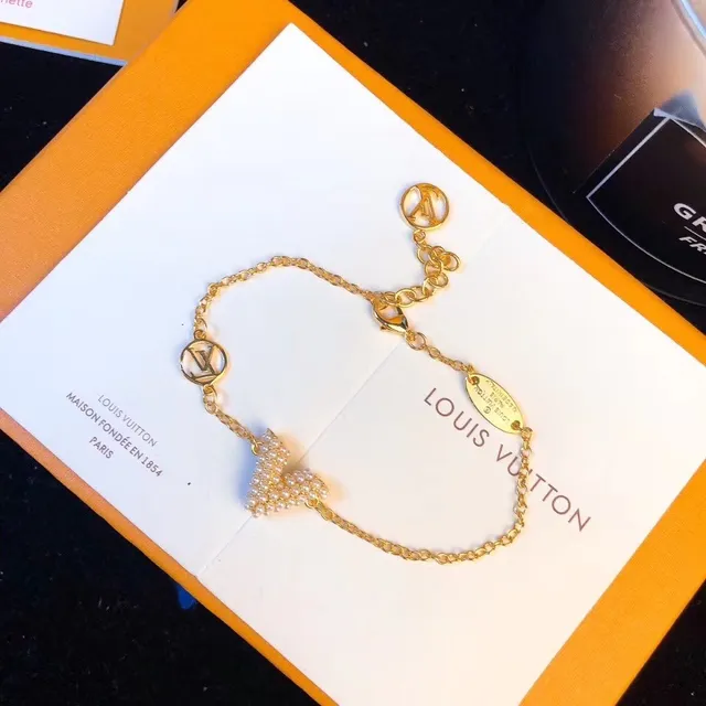 Louis Vuitton Pulseira Coração Pérola Corrente Dourada Branca Corrente Pingente Pulseira 3