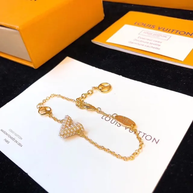 Louis Vuitton Pulseira Coração Pérola Corrente Dourada Branca Corrente Pingente Pulseira 4