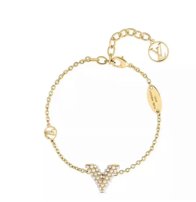 Louis Vuitton Pulseira Coração Pérola Corrente Dourada Branca Corrente Pingente Pulseira 6