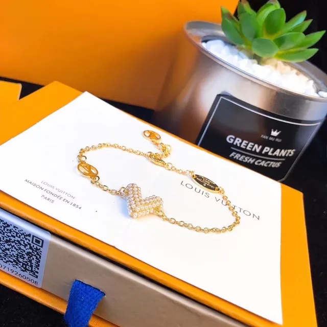 Louis Vuitton Pulseira Coração Pérola Corrente Dourada Branca Corrente Pingente Pulseira 8