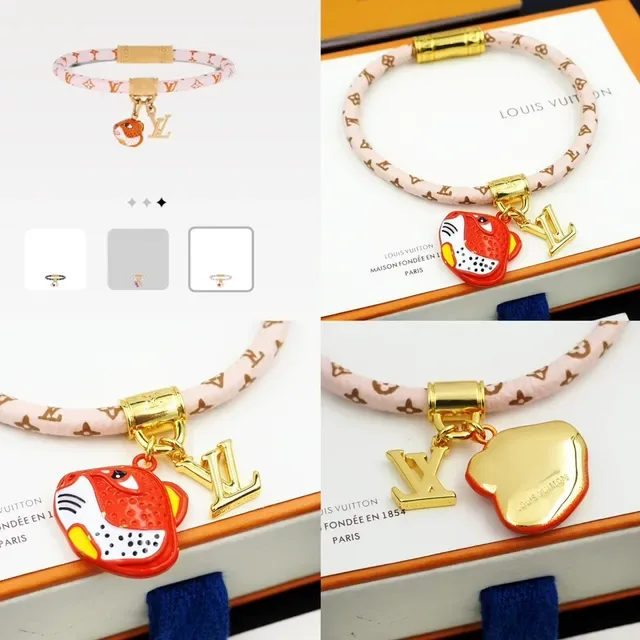 Louis Vuitton Pulseira com Faixa de Monograma Trançada em Ouro Rosa com Charme de Tigre Esmaltado 8