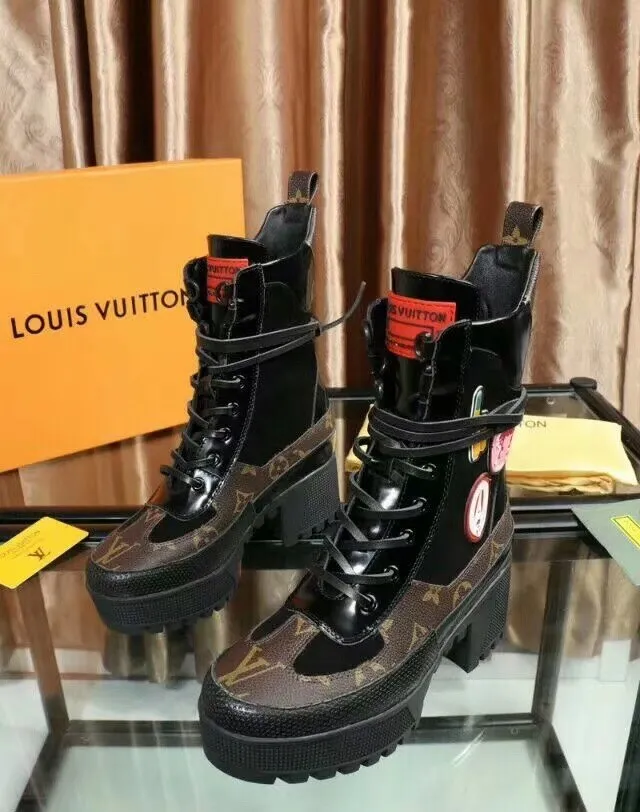 Louis Vuitton Run Away Preto Marrom Solado plataforma Monograma Lona Botas de tornozelo 3