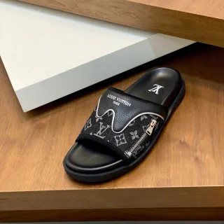 Louis Vuitton Run Away Black White Monogrammed Strap Wavy Piping Slippers