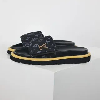 Louis Vuitton Run Away 黑色黄色 Monogrammed Fabric Strap Metallic LV Logo 拖鞋