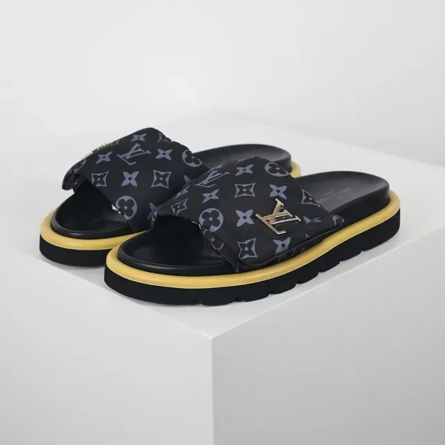 Louis Vuitton Run Away Black Yellow Monogrammed Fabric Strap Metallic LV Logo Slippers 2