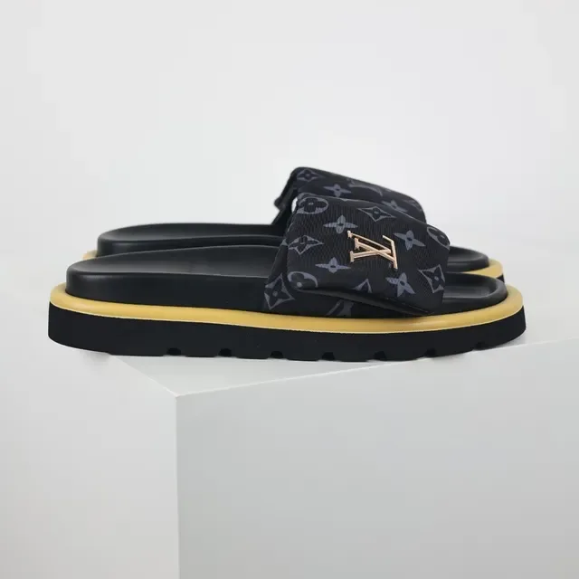 Louis Vuitton Run Away Black Yellow Monogrammed Fabric Strap Metallic LV Logo Slippers 3