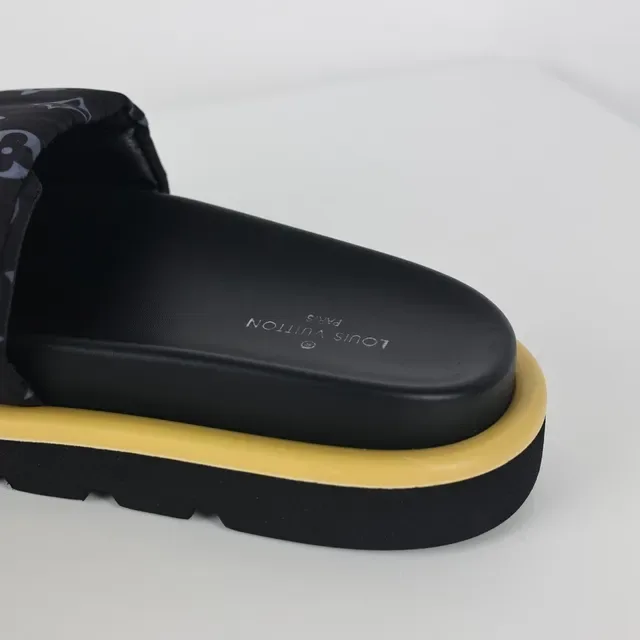 Louis Vuitton Run Away Black Yellow Monogrammed Fabric Strap Metallic LV Logo Slippers 4