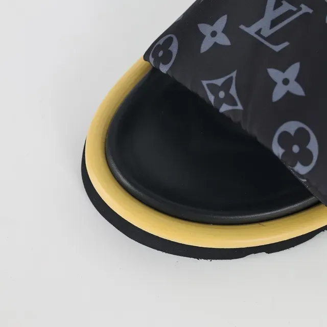 Louis Vuitton Run Away Black Yellow Monogrammed Fabric Strap Metallic LV Logo Slippers 5