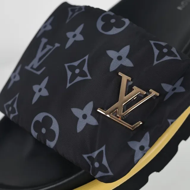 Louis Vuitton Run Away Black Yellow Monogrammed Fabric Strap Metallic LV Logo Slippers 6