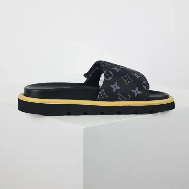 Louis Vuitton Run Away Black Yellow Monogrammed Fabric Strap Metallic LV Logo Slippers 7