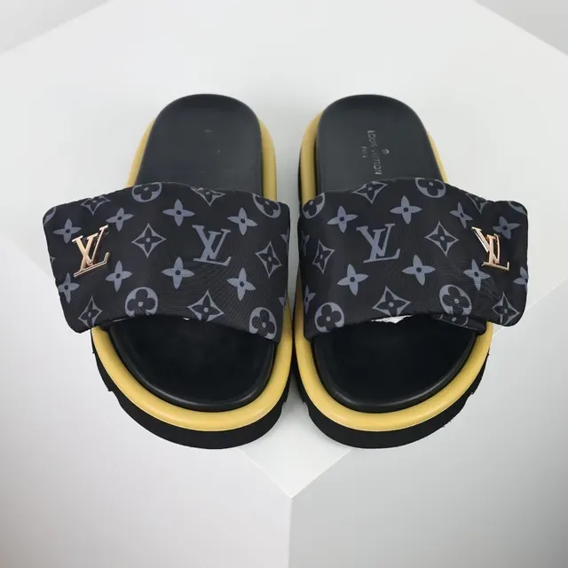 Louis Vuitton Run Away Black Yellow Monogrammed Fabric Strap Metallic LV Logo Slippers 8