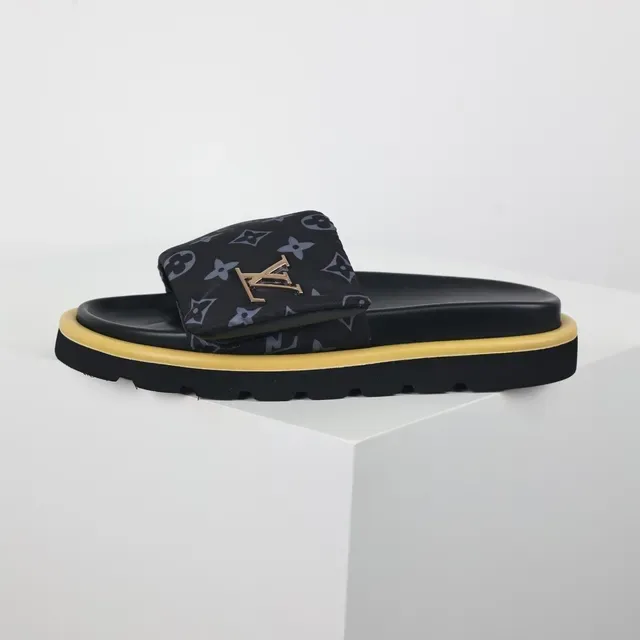Louis Vuitton Run Away Black Yellow Monogrammed Fabric Strap Metallic LV Logo Slippers 9