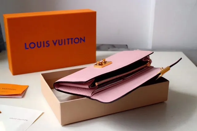 Louis Vuitton Sarah rojo marrón Damier Check lona solapa cuero suave cuerpo billetera larga 4