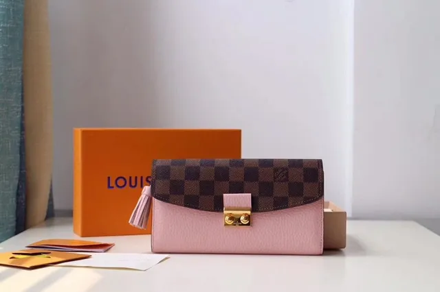 Louis Vuitton Sarah rojo marrón Damier Check lona solapa cuero suave cuerpo billetera larga 6