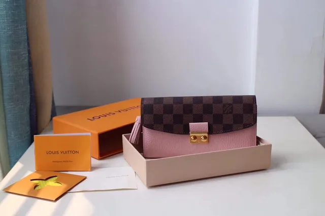 Louis Vuitton Sarah rojo marrón Damier Check lona solapa cuero suave cuerpo billetera larga 10