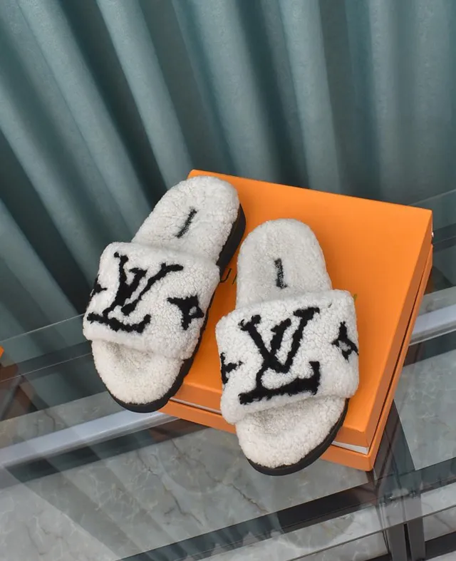 Louis Vuitton Shearling Slide White Black Slippers 3