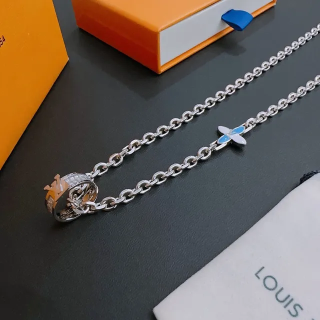 Louis Vuitton Chaîne Curb Bleu Argent Pendentif Papillon Émaillé Collier 5