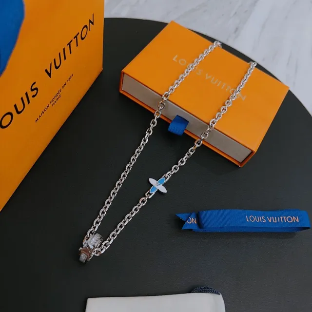 Louis Vuitton Chaîne Curb Bleu Argent Pendentif Papillon Émaillé Collier 6