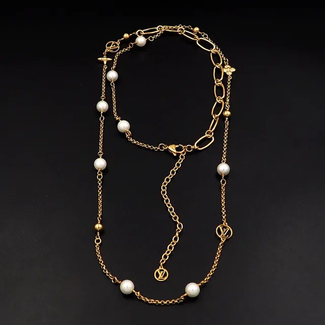 Louis Vuitton Silver Chain Pearl Accents Necklace 14