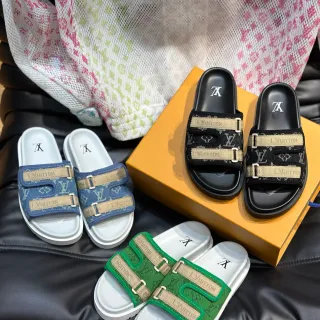 Louis Vuitton Slide 黑色米色 双带 印花 布鞋面 拖鞋