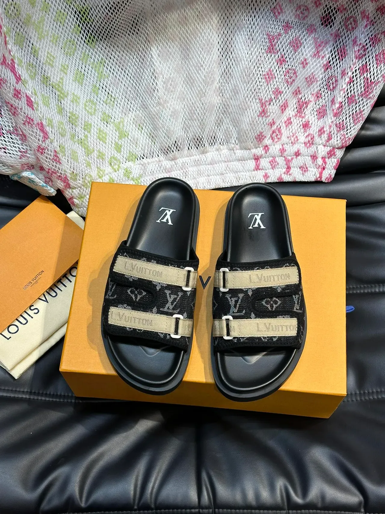 Louis Vuitton Slide 黑色米色 双带 印花 布鞋面 拖鞋 4