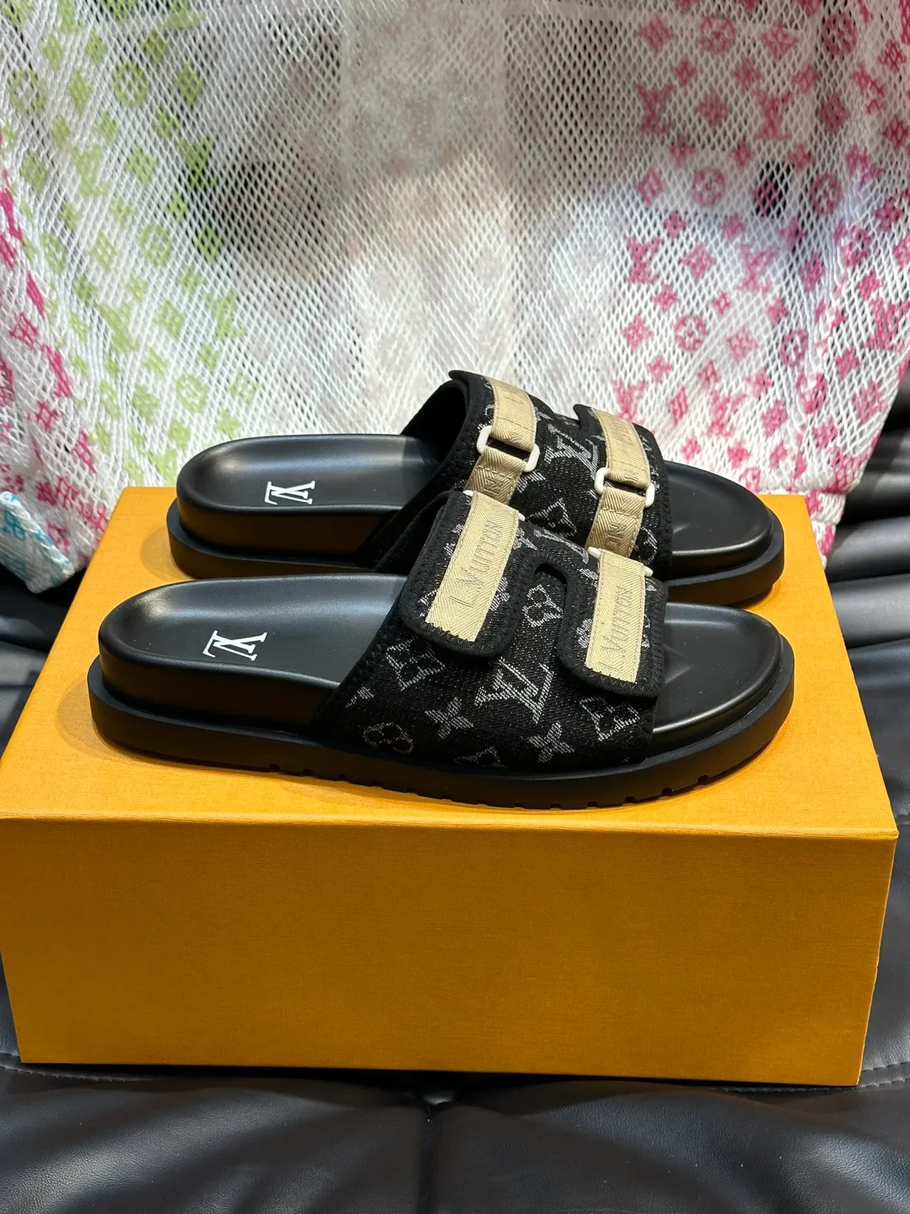 Louis Vuitton Slide 黑色米色 双带 印花 布鞋面 拖鞋 8