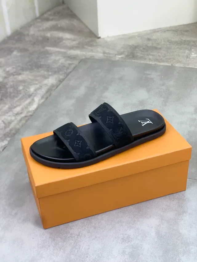 Louis Vuitton Slide Black Two-Strap Monogrammed Suede Straps Slippers 4