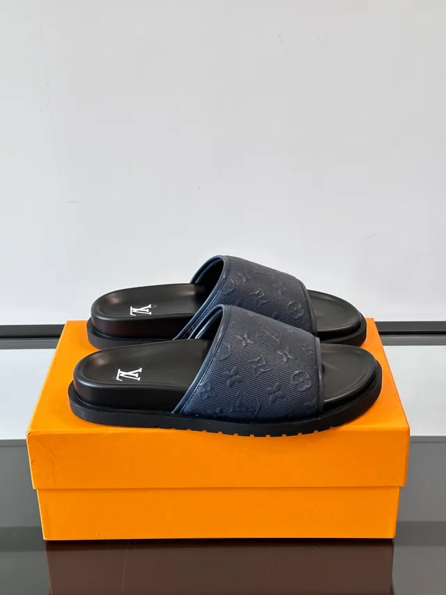 Louis Vuitton Slide Preto Branco Monogramado Solado de Borracha Moldado Chinelo 11