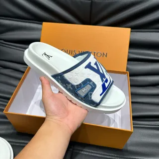 Louis Vuitton Slide 白色和蓝色 Monogram 牛仔布鞋带拖鞋