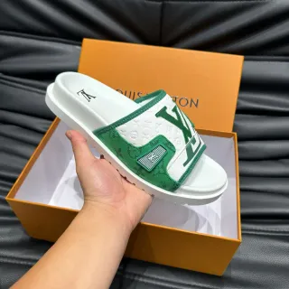 Louis Vuitton Slide Branco e Verde Monogram Cinta de Jacquard Placa Metálica LV