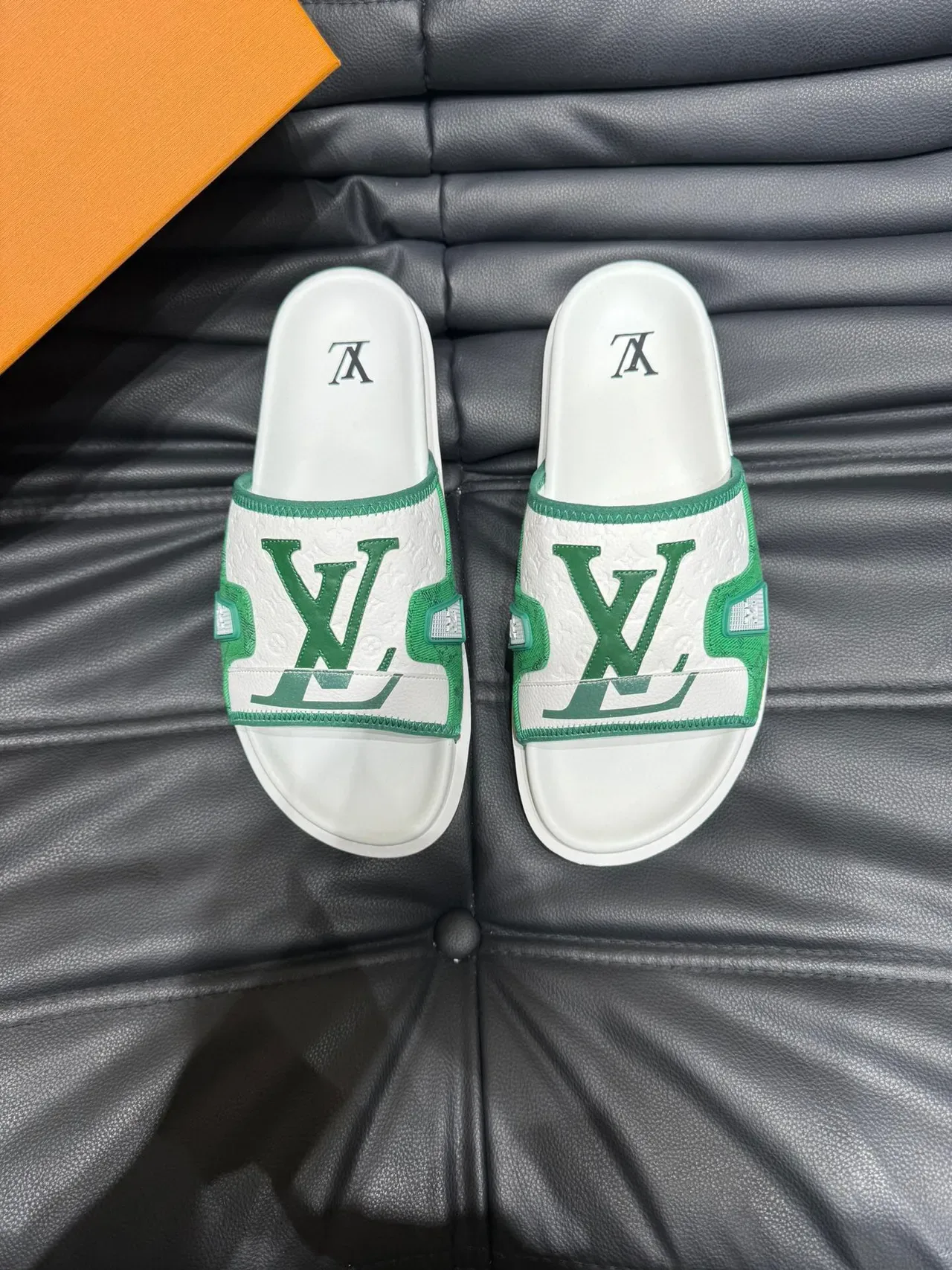 Louis Vuitton Slide White Green Monogrammed Jacquard Strap Metallic LV Plaque Slippers 2