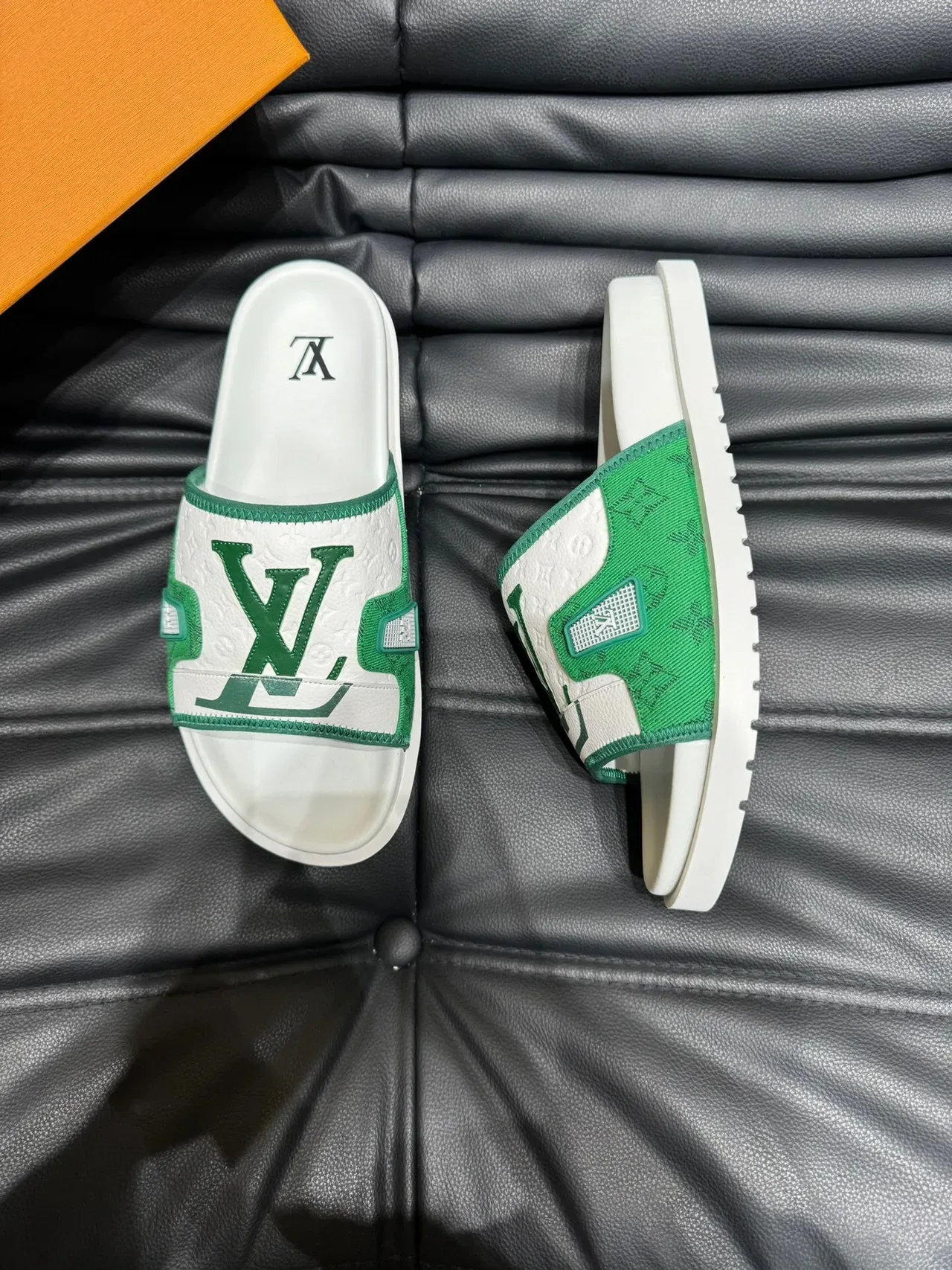 Louis Vuitton Slide White Green Monogrammed Jacquard Strap Metallic LV Plaque Slippers 3