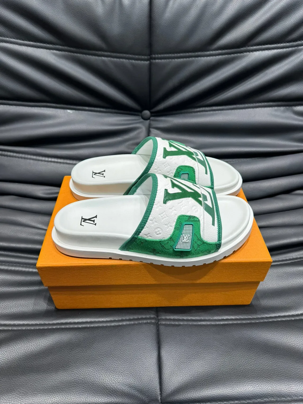 Louis Vuitton Slide White Green Monogrammed Jacquard Strap Metallic LV Plaque Slippers 4