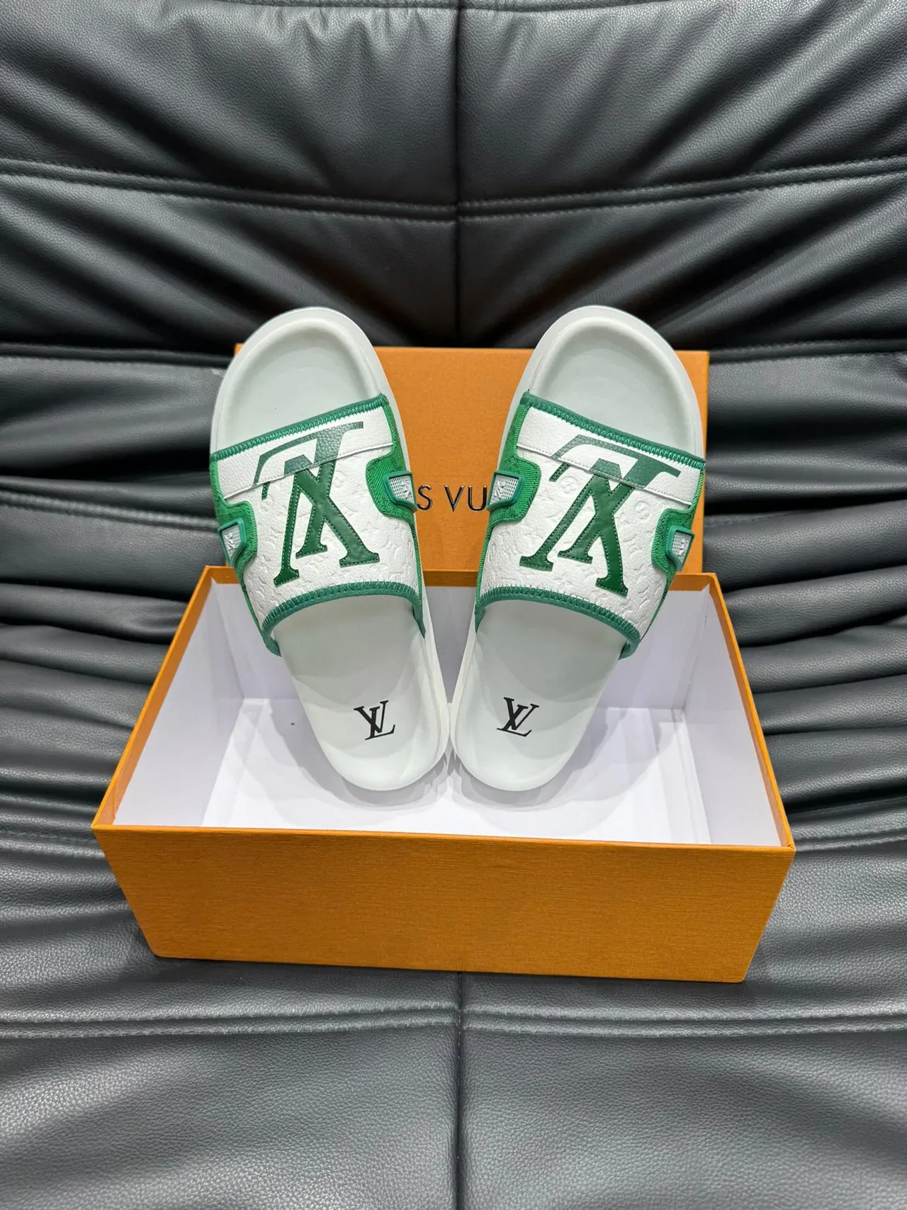 Louis Vuitton Slide White Green Monogrammed Jacquard Strap Metallic LV Plaque Slippers 5