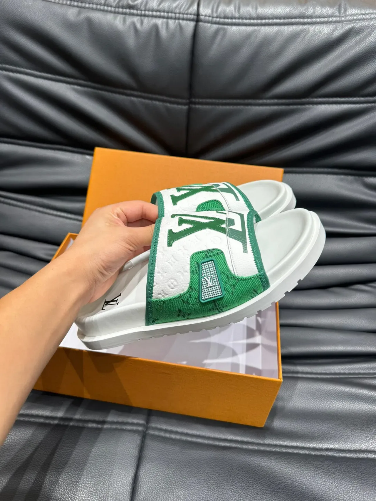 Louis Vuitton Slide White Green Monogrammed Jacquard Strap Metallic LV Plaque Slippers 6