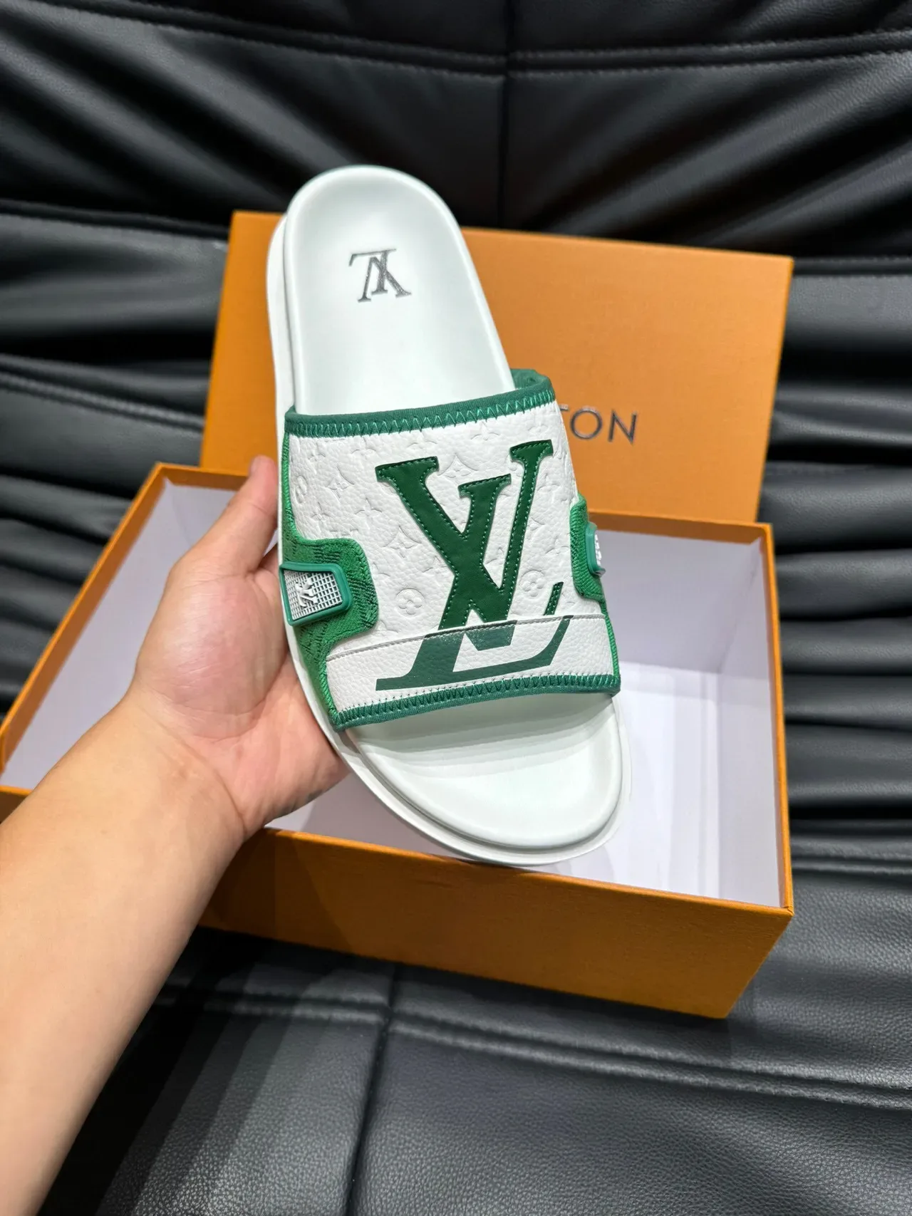 Louis Vuitton Slide White Green Monogrammed Jacquard Strap Metallic LV Plaque Slippers 7