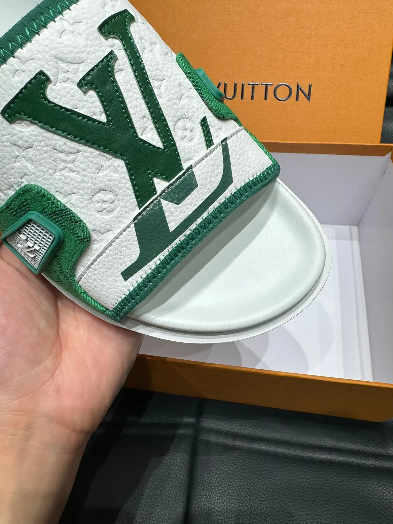 Louis Vuitton Slide White Green Monogrammed Jacquard Strap Metallic LV Plaque Slippers 8