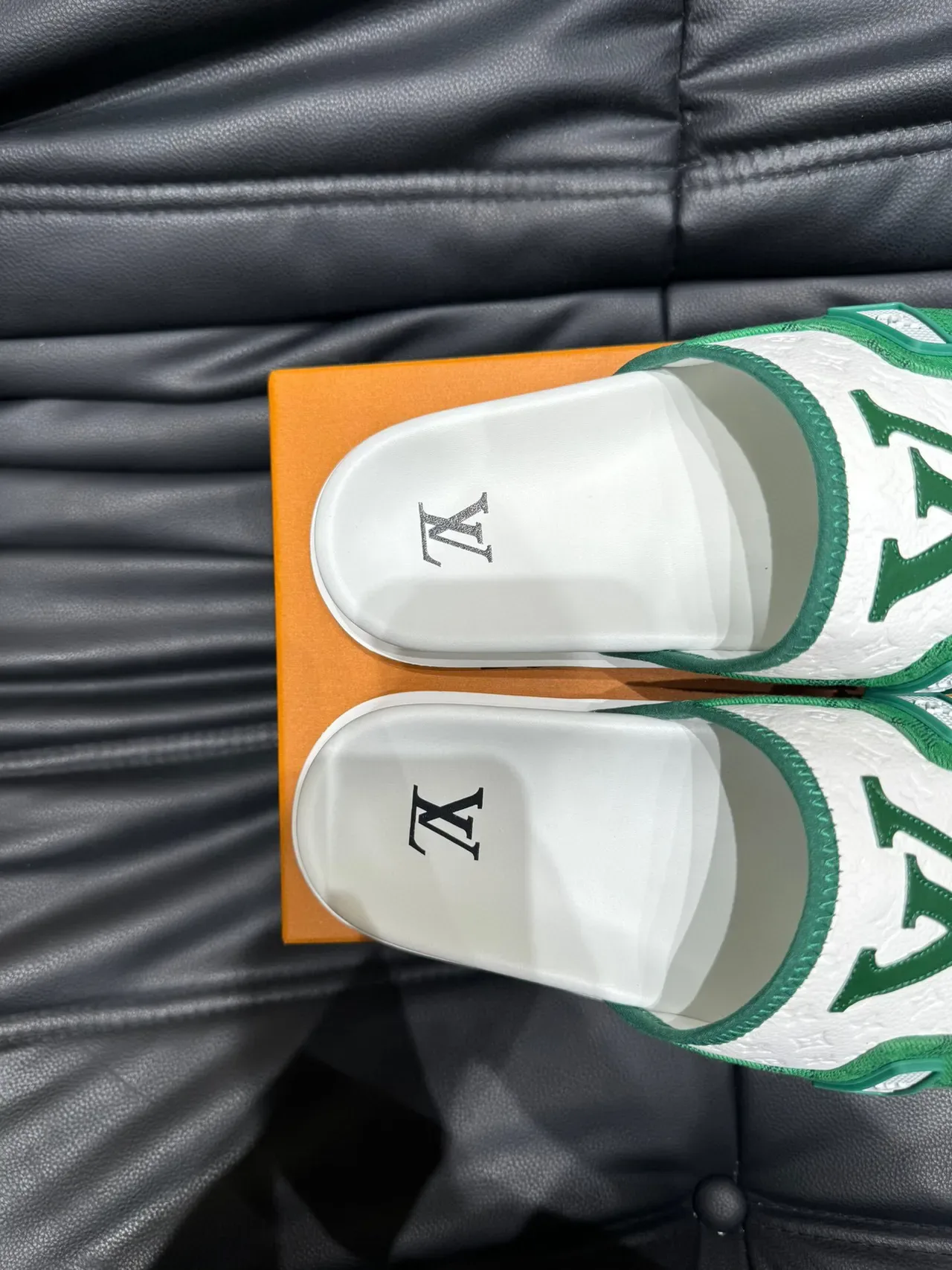 Louis Vuitton Slide White Green Monogrammed Jacquard Strap Metallic LV Plaque Slippers 9