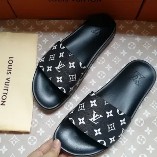 路易威登 Slides 黑色白色 Monogram-Print 鞋带 Molded Rubber Sole 拖鞋