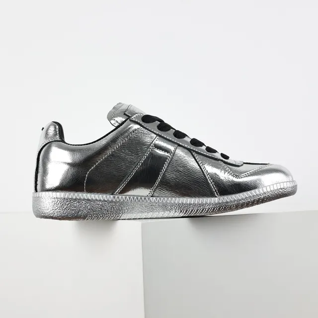 Maison Margiela Prata Preto Metálico Couro Painel Costurado Construção Tênis Estilo de Vida 7