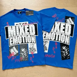Mixed Emotion Blue Red Graphic-Print Marquee Typography T-Shirt