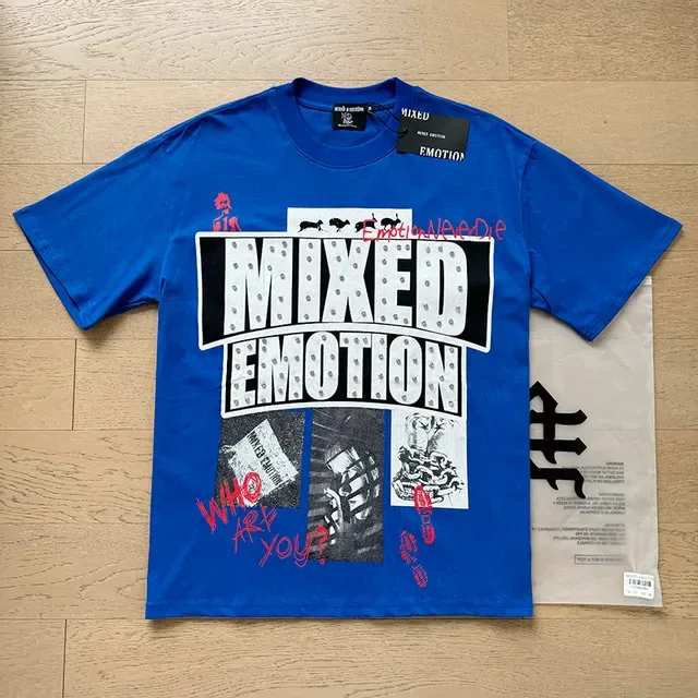 Mixed Emotion Blue Red Graphic-Print Marquee Typography T-Shirt 3