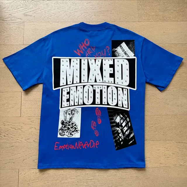 Mixed Emotion Blue Red Graphic-Print Marquee Typography T-Shirt 4
