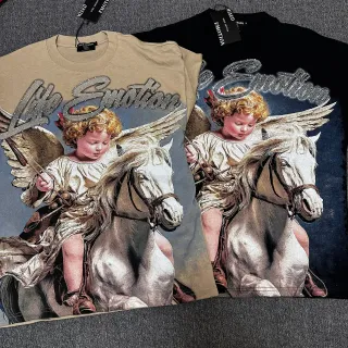 Mixed Emotion Graphic Rhinestone Cherub On Horse T-Shirt