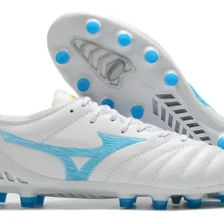 Mizuno White Blue Quilted Synthetic Upper Wave-Logo Side Panel Firm-Ground Soccer Shoes