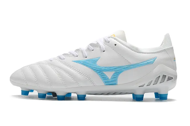 Mizuno White Blue Quilted Synthetic Upper Wave-Logo Side Panel Firm-Ground Soccer Shoes 7
