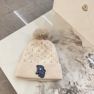 Moncler Beige Navy Cable-Knit Pom-Pom Beanie