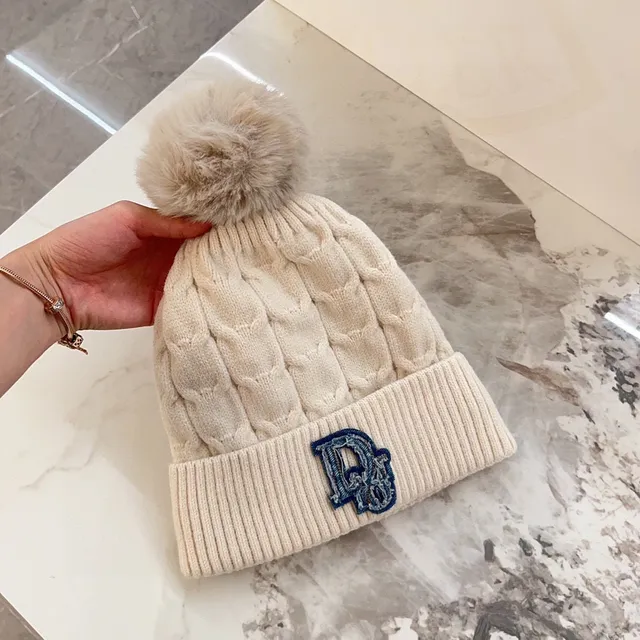 Moncler Beige Navy Cable-Knit Pom-Pom Beanie 5