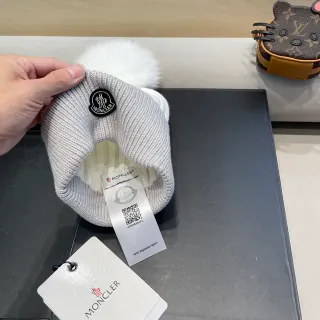 Moncler Gray White Ribbed Knit Logo Patch Beanie